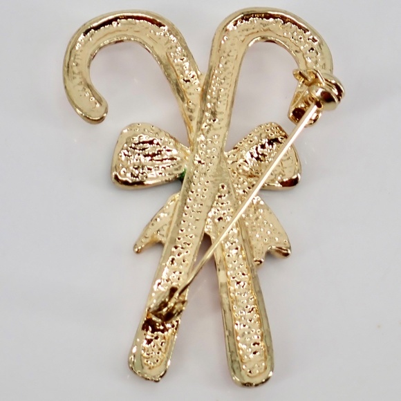 Vtg Enamel Gold Tone Christmas Candy Cane with Green Bow Pin Brooch Red & White - Picture 2 of 3